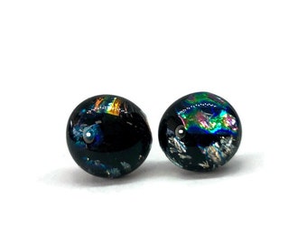 Iridescent stud earrings, fused dichroic glass jewelry, minimalist round studs, hypoallergenic, 11mm, unique presents
