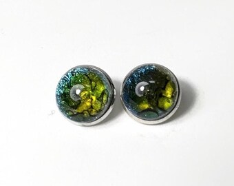 Reflective dichroic glass stud earrings, fused jewelry, gifts for mom, minimalist round 12mm studs, hypoallergenic