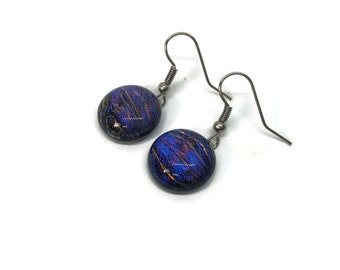 Fused Glass earrings, purple, pink, dichroic glass earrings, dangle earrings, hypoallergenic