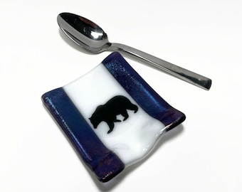 Iridescent purple bear spoon rest, white fus glass dish, mountain spoon holder, kitchen decor, gifts for her, housewarming presents