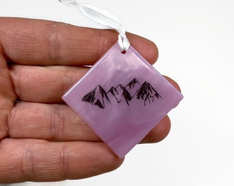 Pink mountain fused glass ornament white and black glass unique gifts for her Christmas tree decoration mountain home decor