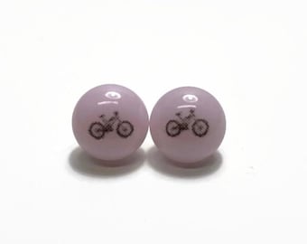 Pink mountain bike stud earrings, handmade fused glass jewelry, unique gifts for her, hypoallergenic, 9mm size