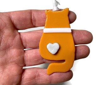 Orange and white fused glass cat ornament window hanging cat lover gifts Christmas tree decoration unique gifts for her birthday presents