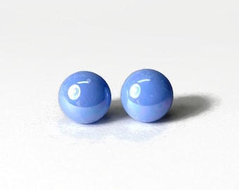 Handmade Iridescent Blue Glass Stud Earrings, Elegant Gifts for Her, Artisan Fused Glass Jewelry