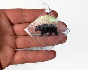 Handcrafted Fused Glass Bear Ornament, Whimsical Nature Decor, Bear Lover’s Gifts