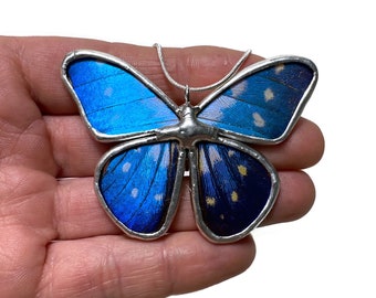 Blue pendant, iridescent, butterfly wing jewelry, Blue Morpho butterfly, real butterfly, glass pendant, necklace included