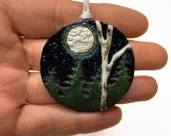 Handmade Fused Glass Birch Tree Ornament, Iridescent Moon, Christmas Decoration