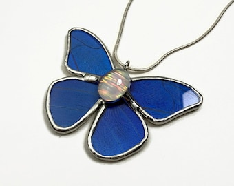 Handmade Butterfly Pendant, Real Blue Morpho Pendant For Her, One-of-a-Kind Opal Jewelry