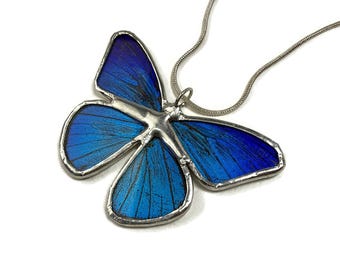 Blue iridescent butterfly necklace, real blue butterfly jewelry, best  friend gifts, glass pendant, stained glass wing