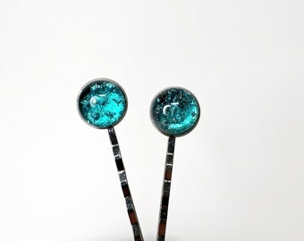 Iridescent blue green hair barrettes dichroic glass jewelry unique gifts for her glass bobby pins fused glass hair jewelry set of 2