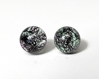 Handcrafted Iridescent Silver Stud Earrings, Dichroic Fused Glass Jewelry For Mom, Round Dainty Minimalist Studs, Gifts for Her