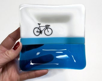 Handmade road bike fused glass plate, blue serving dish, trinket tray, spoon rest, gifts for him, bike decor, bike enthusiast presents