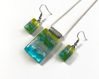 Fused glass pendant and earring set Dichroic glass jewelry, green and blue jewelry, hypoallergenic