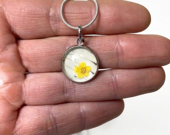 White butterfly wing pendant, yellow flower necklace, minimalist glass pendant, real butterfly jewelry, unique gifts for her, chain included