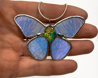 Handmade Butterfly Pendant, Real Blue Morpho Pendant For Her, One-of-a-Kind Opal Jewelry