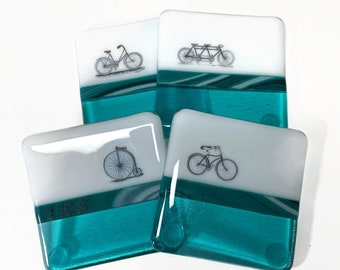 Whimsical bike drink coaster set, fused glass holder, unique gifts for him, bike enthusiast, cruiser bike, tandem bike, penny farthing