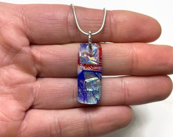 Blue iridescent pendant, fused dichroic glass jewelry, sparkle minimalist necklace, unique gifts for her, necklaces included