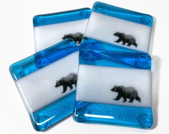 Blue bear coasters, fused glass drink rest, Unique gifts for dad, wildlife coffee table decor, set of 4, housewarming presents