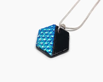 Dichroic glass hexagon pendant, fused jewelry, Blue black iridescent necklace, Geometric pendant, chain included