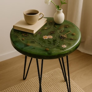 May include: A green resin side table with black hairpin legs. The table top features a floral design with dried flowers and gold accents. A white ceramic vase with a single white flower sits on the table.