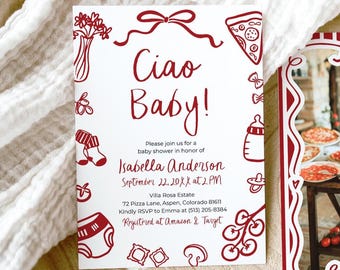 Italiensk Ciao Baby babyshowerinbjudningsmall, könsneutral, nyckfull handritad kokettklotter pizza ciao babyshowerinbjudan CB1
