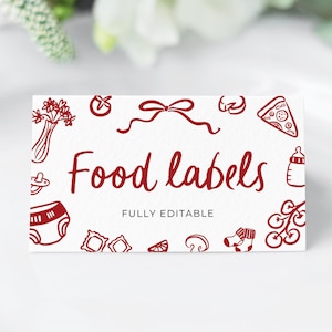 Editable Italian Food Labels Template, Whimsical Ciao Baby Red Hand Drawn Pizza Pasta Buffet Card, Printable Ciao Bambino Food Name Card CB1
