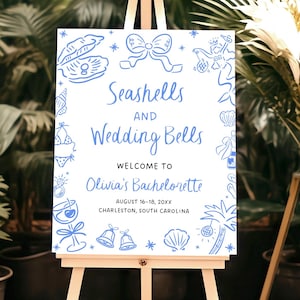 Seashells and Wedding Bells Bachelorette Party Welcome Sign, Blue Hand Drawn Doodle Beach Coastal Bachelorette Welcome Beach Bach Sign SWB