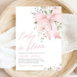 Pink Bow Baby in Bloom Baby Shower Invitation Template, Blush Pink Bow Ribbon Coquette Baby Girl Pink Floral Greenery Baby Shower Invite BB1