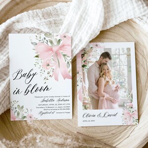 Pink Bow Baby in Bloom Baby Shower Invitation Template, Blush Pink Bow Ribbon Coquette Baby Girl Pink Floral Greenery Baby Shower Invite BB1
