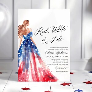 Red, White and I Do Bridal Shower Invitation, 4th of July Patriotic Wedding Dress American Bride Gown Independence Day Bridal Shower Invite