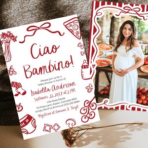 Italienische Ciao Bambino Babypartyeinladungs-Schablone, doppelte rote wunderliche Hand gezeichnete Coquette Doodle Pizza Ciao Bambina laden CB1 ein