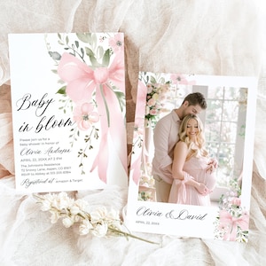 Pink Bow Baby in Bloom Baby Shower Invitation Template, Blush Pink Bow Ribbon Coquette Baby Girl Pink Floral Greenery Baby Shower Invite BB1