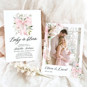 Pink Bow Baby in Bloom Baby Shower Invitation Template, Blush Pink Bow Ribbon Coquette Baby Girl Pink Floral Greenery Baby Shower Invite BB1