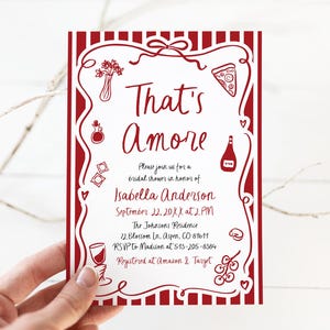 That's Amore Bridal Shower Invitation Template, Editable Whimsical Red White Hand Drawn Italian Pizza Pasta Wine  Doodle Wedding Shower TH2