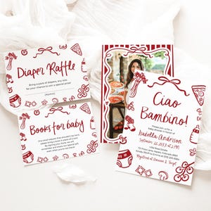 Italienische Babypartyeinladungs-Bündelungs-Vorlage, doppelte rote wunderliche Hand gezeichnete Pizza Ciao Bambina in CB1