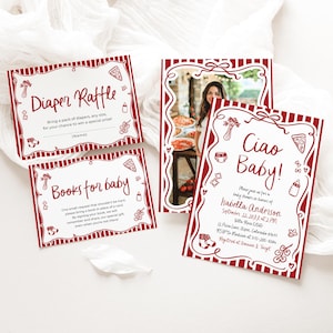 Italienisches Ciao Baby Babypartyeinladungs-Paket-Vorlage, wunderliche Hand gezeichnete Coquette Pizza Ciao Babypartyeinladung CB2