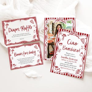 Italienische Babypartyeinladungs-Bündelungs-Schablone, doppelte rote wunderliche Hand gezeichnete Gekritzel-Pizza Ciao Bambina laden CB2 ein