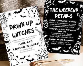 Editable Drink up Witches Bachelorette Weekend Invitation and Itinerary Template, Hand Drawn Halloween Bachelorette Party Invitation HB1