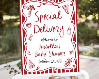 Special Delivery Baby Shower Welcome Sign, Gender Neutral Italian Whimsical Hand Drawn Coquette Doodle Pizza Baby Shower Welcome Poster CB2