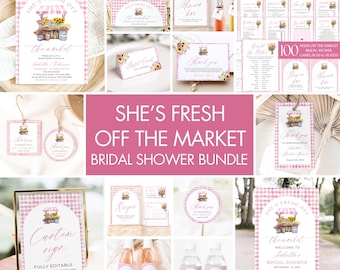 She’s Fresh Off the Market Bridal Shower Invitation Bundle Template, Editable Rustic Pink Gingham Farmer's Market Bridal Shower Games FM1