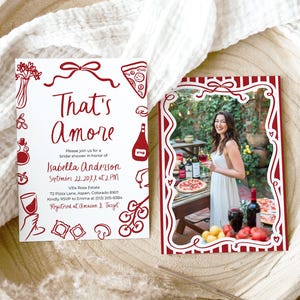 That's Amore Bridal Shower Invitation Template Editable Whimsical Red White Hand Drawn Italian Pizza Wine Coquette Doodle Wedding Shower TH1