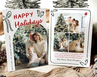 Hand Drawn Photo Holiday Card Template, Editable Bow Whimsical Hand Drawn Christmas Photo Card, Printable Arch Photo Happy Holidays Card