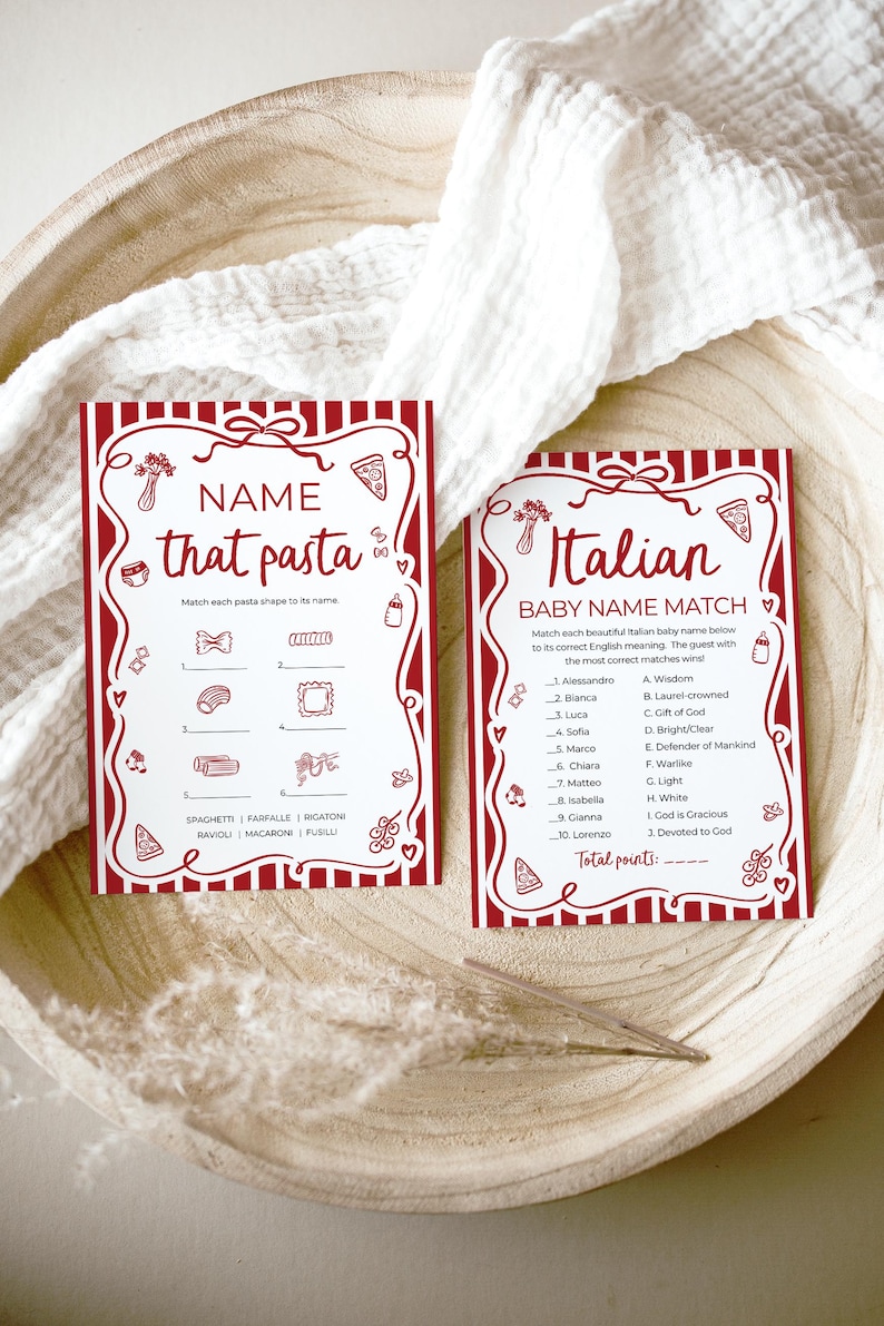 Ciao Bambino Baby Shower Game Bundle, Editable Red Italian Ciao Baby Gender Neutral Special Delivery Hand Drawn Pizza Baby Shower Games CB2