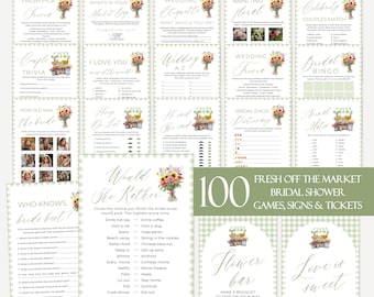 Fresh Off the Market Bridal Shower Games Bundle, Editable Rustic Green Gingham Farmer's Market Games She’s Fresh Off the Market Games FM2