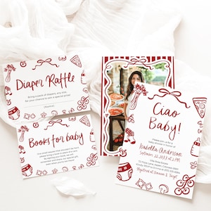 Italienisches Ciao Baby Babypartyeinladungs-Paket-Vorlage, wunderliche Hand gezeichnete Coquette Pizza Ciao Babypartyeinladung CB1
