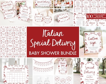 Italian Special Delivery Baby Shower Bundle, Gender Neutral Hand Drawn Pizza Theme Baby Shower Set, Slice Slice Baby Baby Shower Games CB1