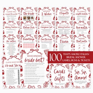 That's Amore Bridal Shower Game Bundle, Editable Whimsical Red White Hand Drawn Italian Pizza Wine Coquette Doodle Bridal Party Games TH1