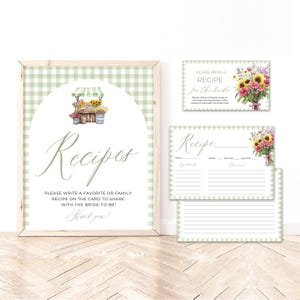 She’s Fresh Off the Market Bridal Shower Recipe Cards and Sign, Editable Green Gingham Floral Shop Farmer&#39;s Market  Recipe for the Bride FM2