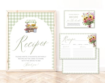 Tarjetas con recetas y letreros para despedidas de soltera "She's Fresh Off the Market", receta editable de mercado agrícola de tienda floral de cuadros verdes para la novia FM2