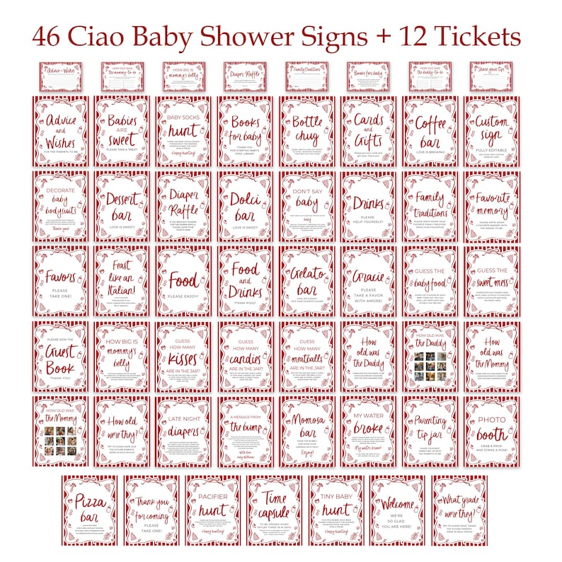 Ciao Bambino Baby Shower Game Bundle, Editable Red Italian Ciao Baby Gender Neutral Special Delivery Hand Drawn Pizza Baby Shower Games CB2
